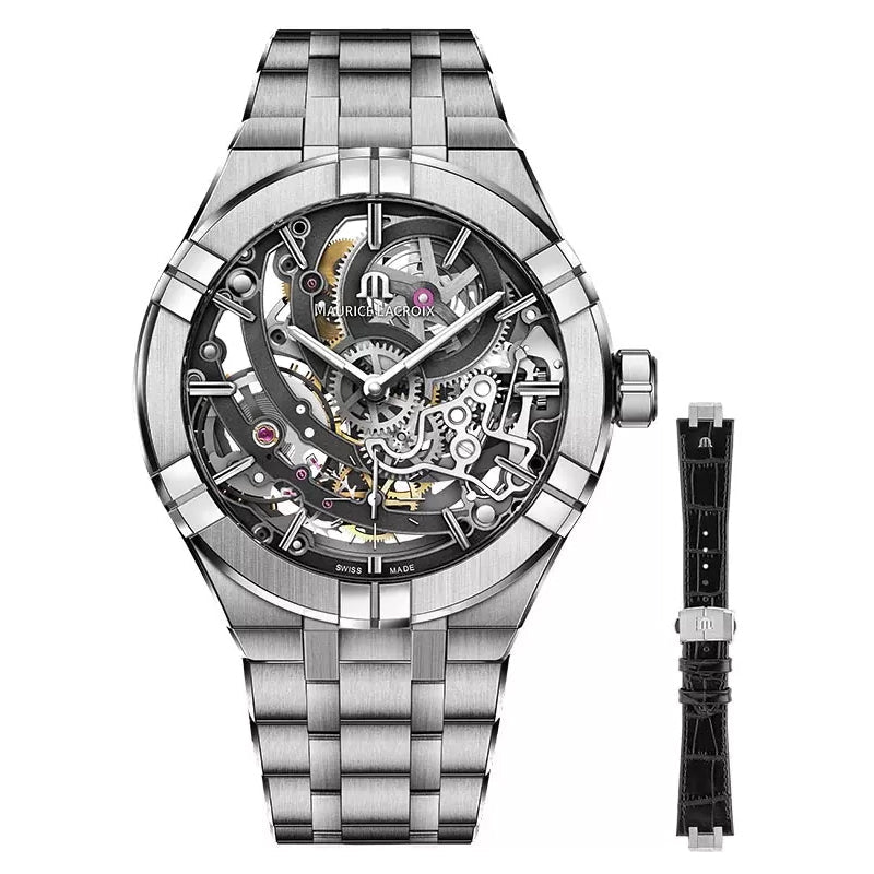 Maurice Lacroix AIKON Automatic Skeleton 45mm — front view with steel bracelet and interchangeable strap