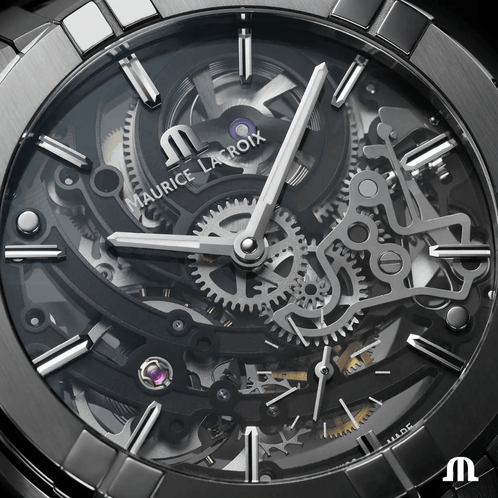 AIKON Automatic Skeleton dial macro — skeletonised movement detail