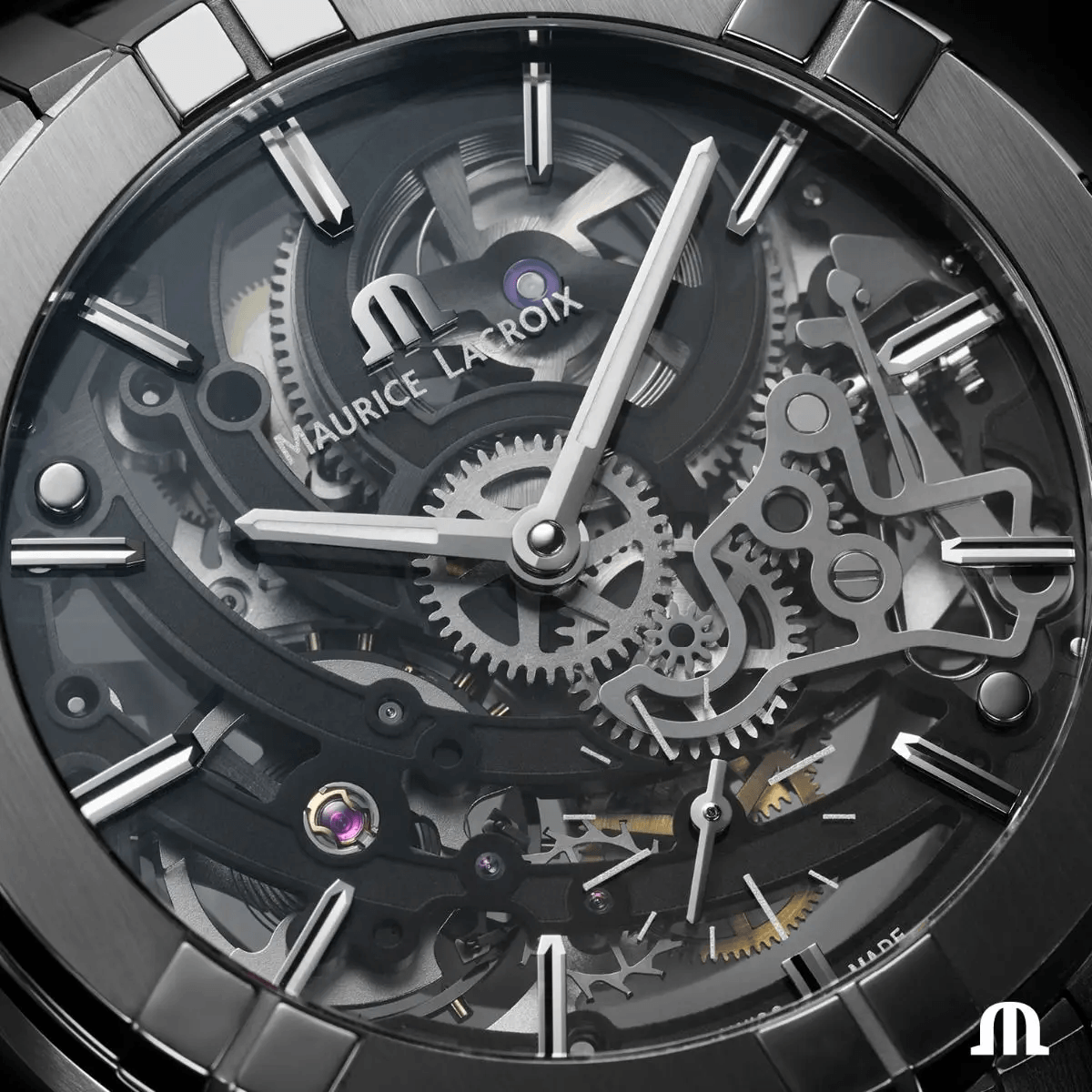 AIKON Automatic Skeleton dial macro — skeletonised movement detail