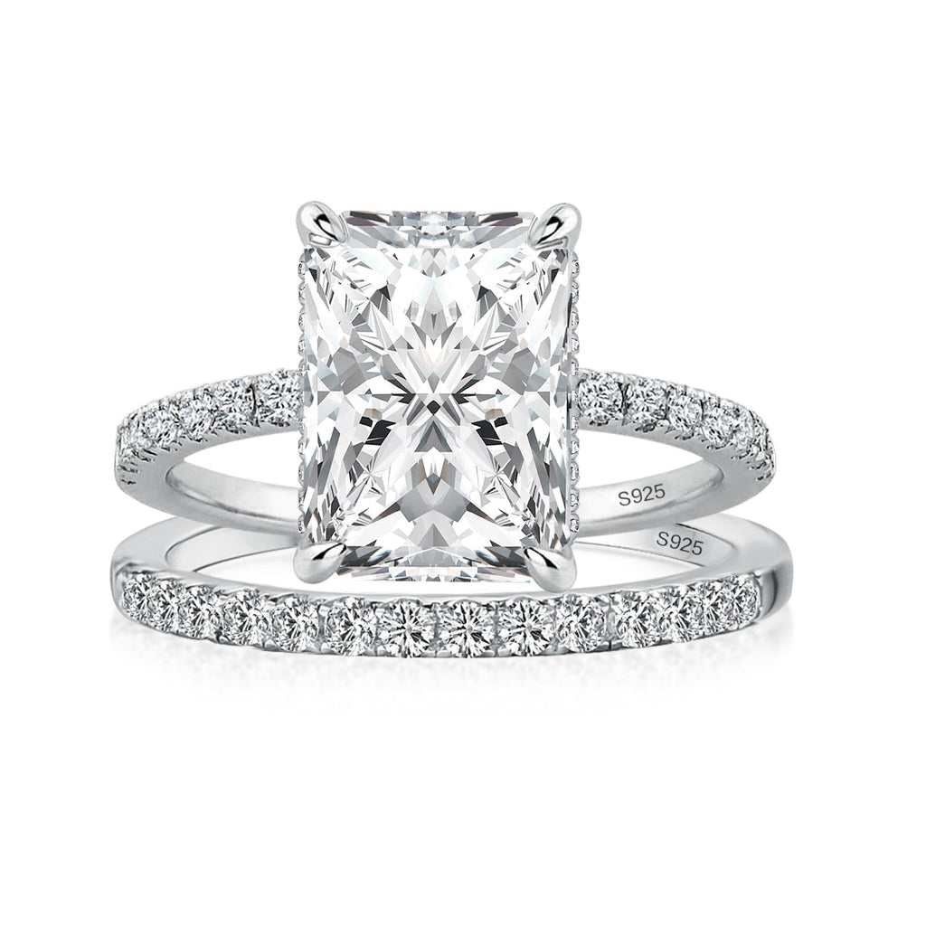 3.50ct Radiant Cut Cathedral Bridal Set — Hidden Halo & Matching Pavé Band (18ct White Gold)