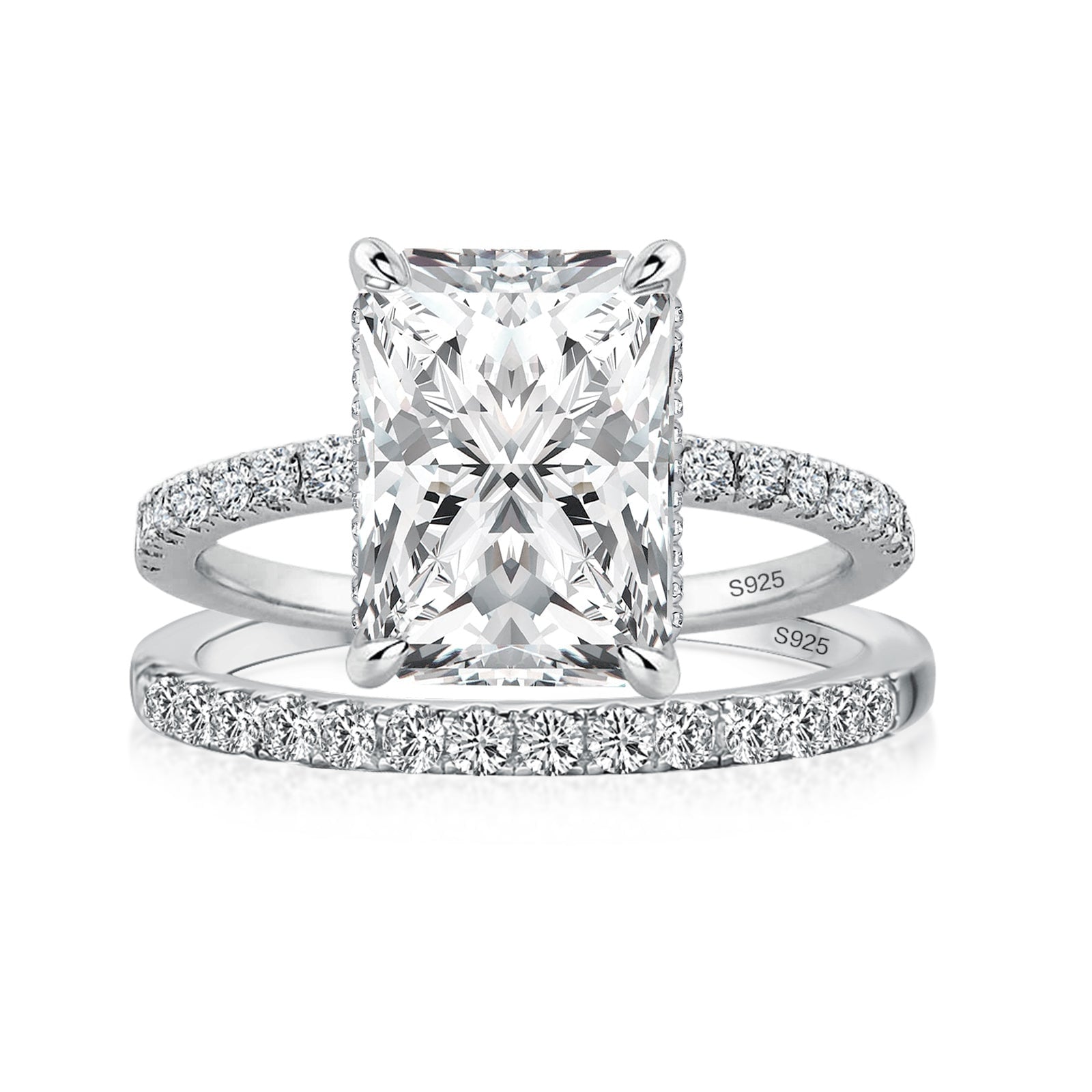 3.50ct Radiant Cut Cathedral Bridal Set — Hidden Halo & Matching Pavé Band (18ct White Gold)