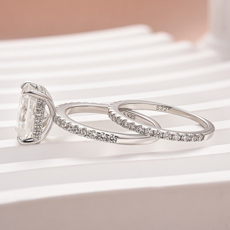 3.50ct Radiant Cut Cathedral Bridal Set — Hidden Halo & Matching Pavé Band (18ct White Gold)