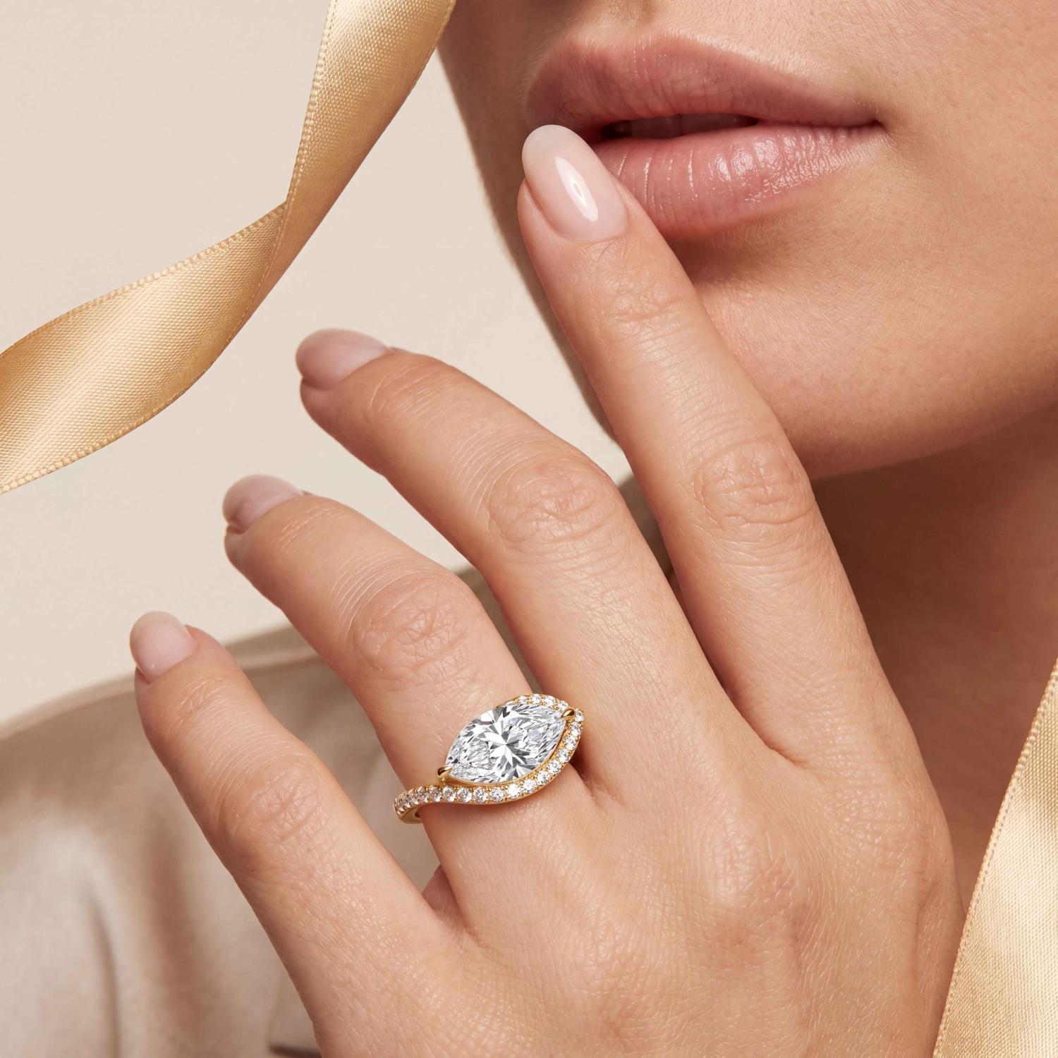 14K Yellow Gold Lab Grown Diamond Engagement Ring — 2.25 ctw East-West Marquise Halo
