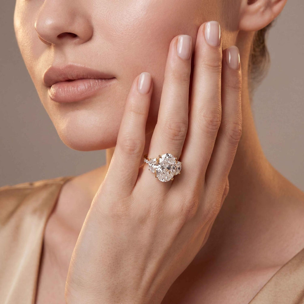 18K Yellow Gold Lab Grown Diamond Engagement Ring — 11.35 ctw Oval & Half Moon Three-Stone