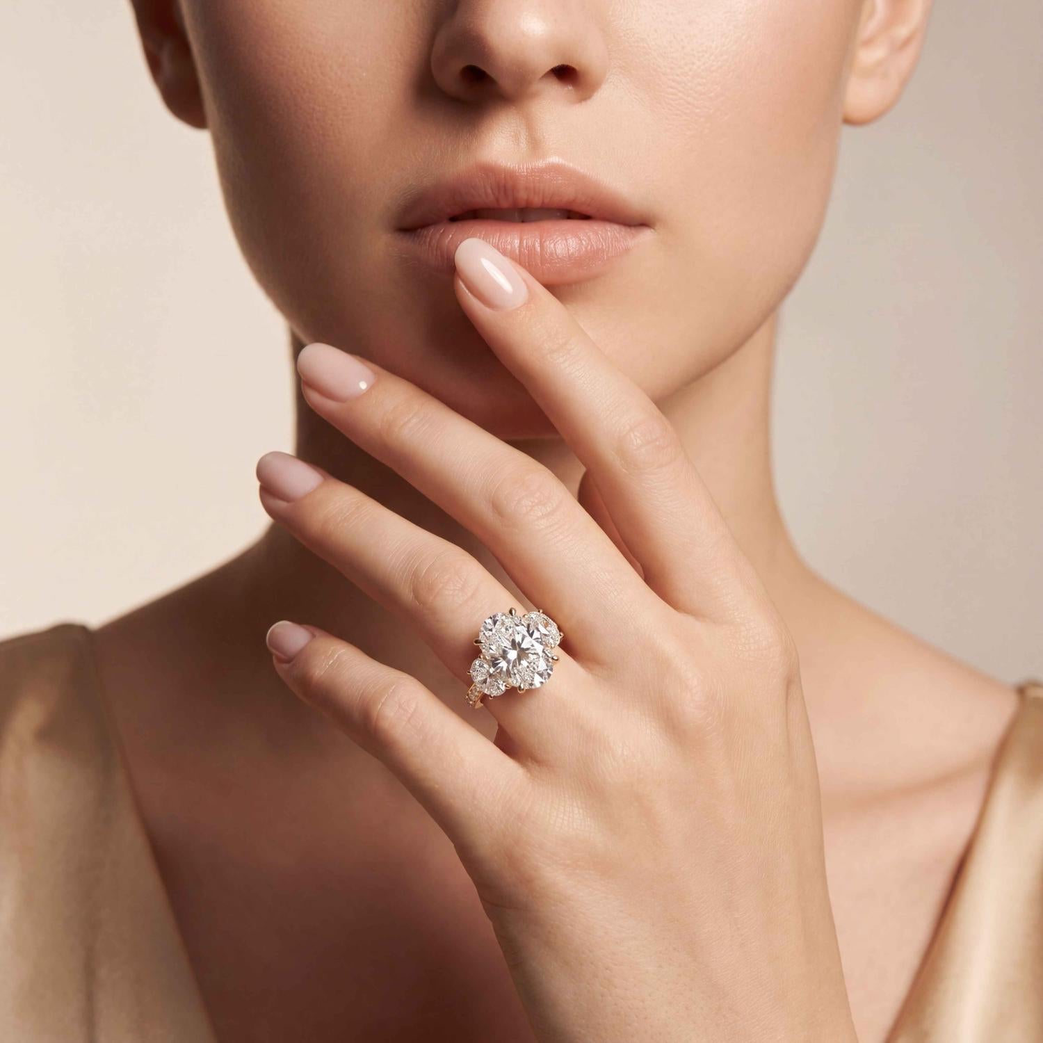 18K Yellow Gold Lab Grown Diamond Engagement Ring — 11.35 ctw Oval & Half Moon Three-Stone