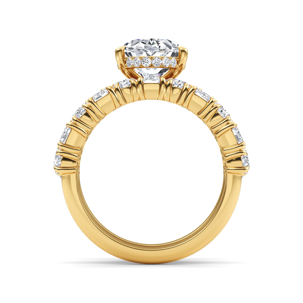 Oval hidden halo with mixed-cut diamond band — detail