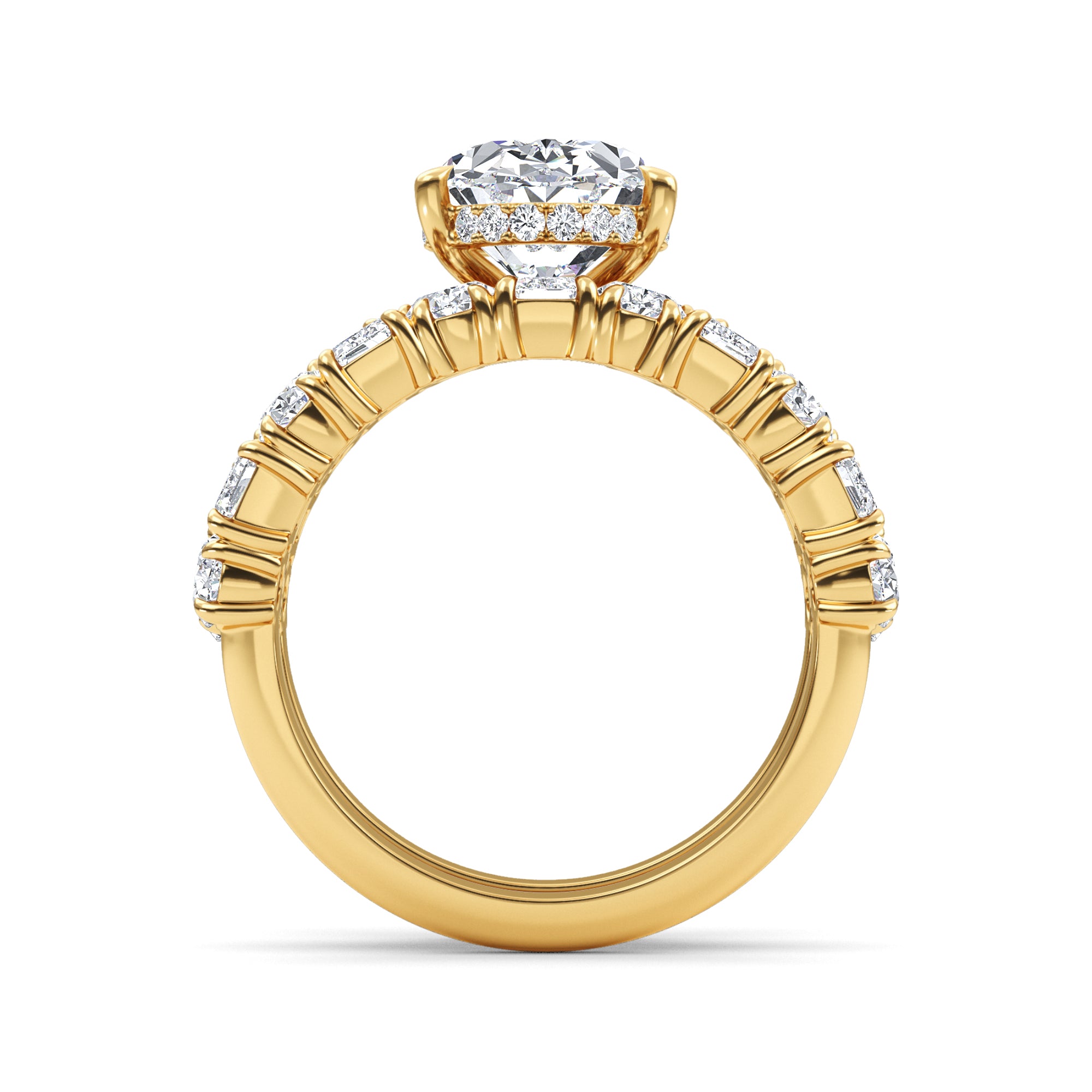Oval hidden halo with mixed-cut diamond band — detail